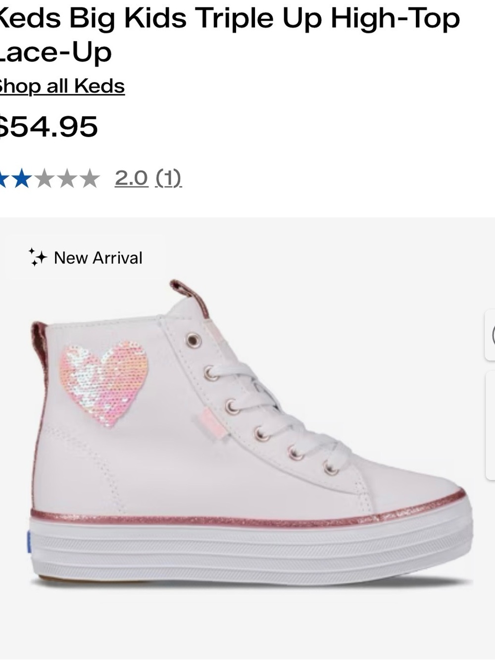 Keds Kids White High-Top Sneakers with Pink Sequin Heart